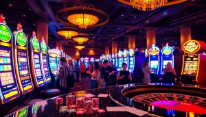 Engaging slot community vibes in an electric casino with players enjoying slot machines.