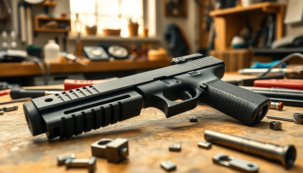 Assemble your polymer 80 glock 26 with precision tools and components visible in a workbench setting.