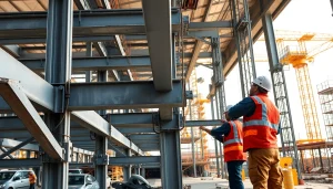 Showcasing structural steel installation in a construction scene with dynamic workers and equipment.