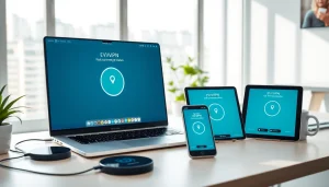 快连官网 interface displayed on multiple devices in a modern workspace, showcasing seamless connectivity and user-friendly design.