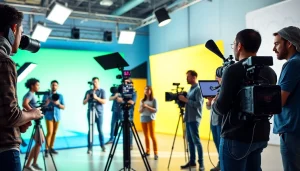 Video Production Company Calgary team filming a commercial in a bright studio environment.