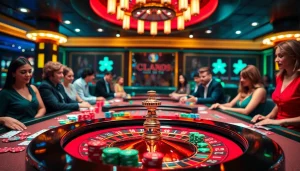 Players engaging in thrilling bets at EV88's upscale casino tables with vibrant chips and cards.