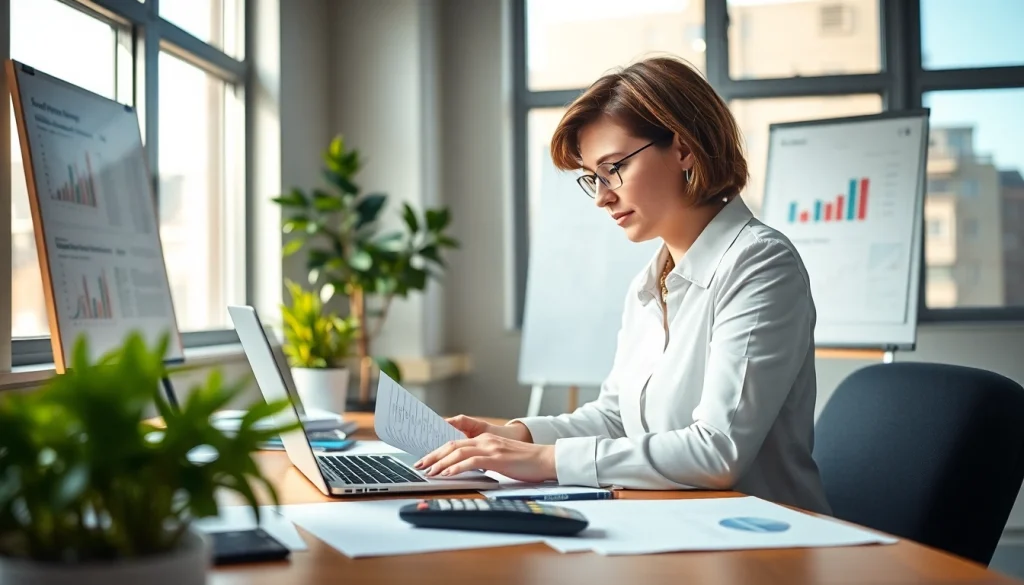 Księgowość dla firmy budowlanej w nowoczesnym biurze z księgowym przeglądającym dokumenty finansowe.