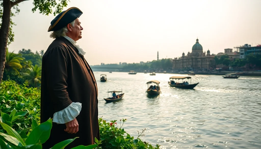Job Charnock, founder kolkata, depicted with colonial attire on Hooghly River, symbolizing Kolkata's legacy.