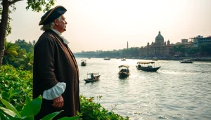 Job Charnock, founder kolkata, depicted with colonial attire on Hooghly River, symbolizing Kolkata's legacy.
