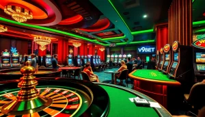 Exciting gambling scene at V9bet with players enjoying table games and slot machines.