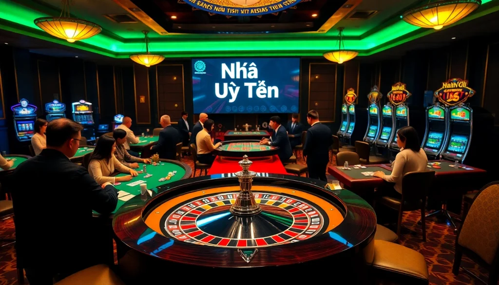 Exciting casino scene showcasing Nhà Cái Uy Tín with vibrant roulette and poker games.
