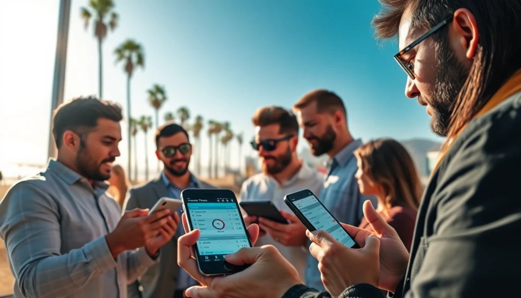 Engaging scene of sports betting California with diverse bettors analyzing odds on smartphones.