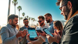 Engaging scene of sports betting California with diverse bettors analyzing odds on smartphones.