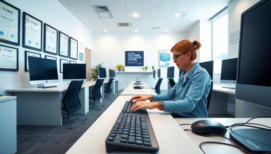Typist focused on work in a modern typing center with certificates displayed prominently.