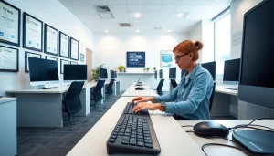 Typist focused on work in a modern typing center with certificates displayed prominently.
