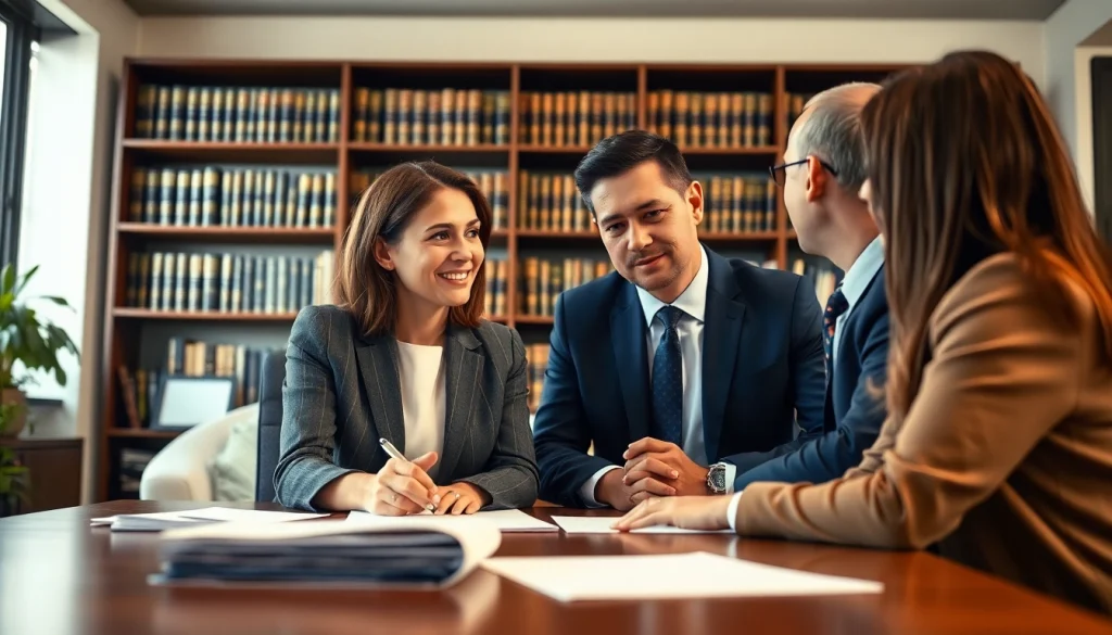 Eminent domain lawyer advising clients in a professional office environment.