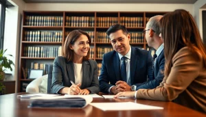Eminent domain lawyer advising clients in a professional office environment.