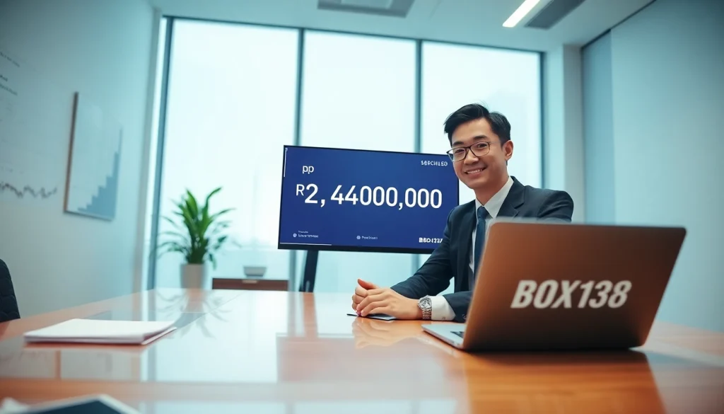 Business professional celebrating a successful BOX138 transaction of Rp 2.424.000,00 in a modern office.