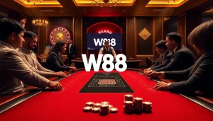 W88 casino players engaged in high-stakes blackjack at an elegant table, capturing excitement.
