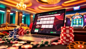 Experience the thrill of doaslot login with a luxurious casino scene, featuring a laptop, slot machines, and poker chips.
