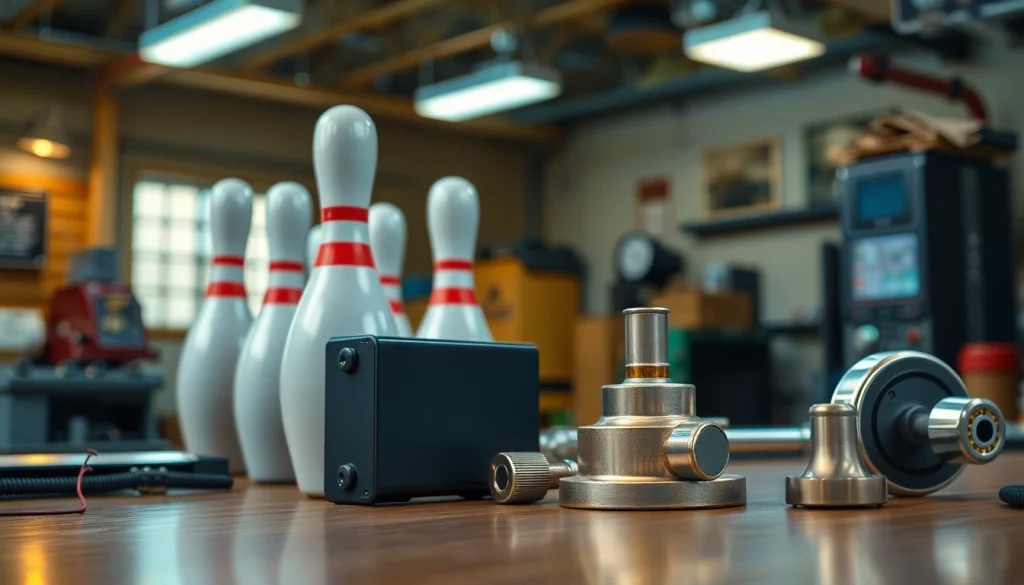 Bowling parts for AMF displayed in a professional workshop setting, showcasing precision-engineered components.