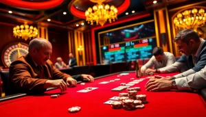 Exciting casino scene showcasing shbet88 with poker chips and roulette wheel, highlighting high-stakes gambling.