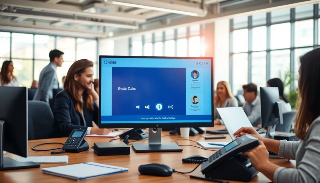 Auto dialer software interface in an office setting with a diverse team communicating effectively.