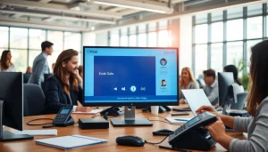 Auto dialer software interface in an office setting with a diverse team communicating effectively.