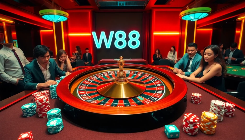 Experience the excitement of gambling at W88 with vibrant casino visuals and gaming elements.