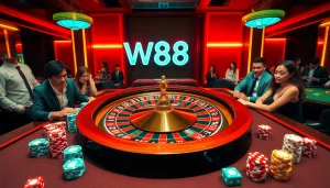 Experience the excitement of gambling at W88 with vibrant casino visuals and gaming elements.