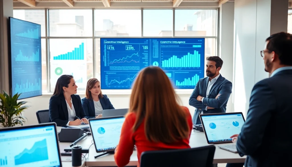 Enhancing competitive intelligence through team analysis and strategy discussion in a modern office setting.