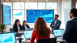 Enhancing competitive intelligence through team analysis and strategy discussion in a modern office setting.