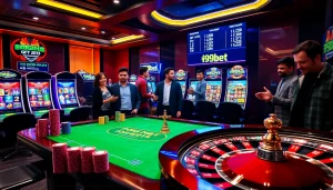 Experience the thrill of gaming at i9bet with a vibrant casino scene featuring poker and roulette tables.