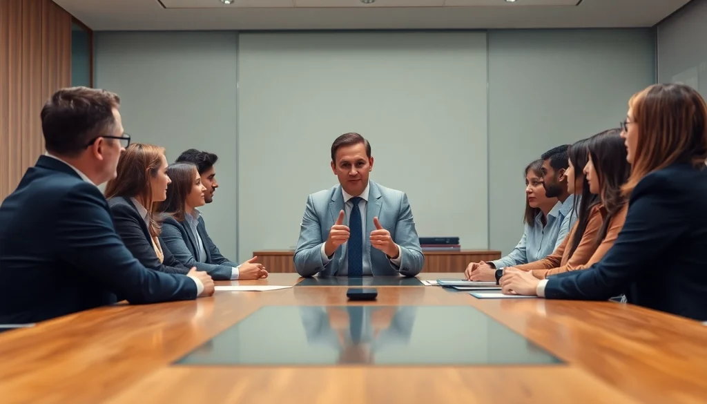 Crisis management consultant leading a strategic meeting with team members in a professional office setting.