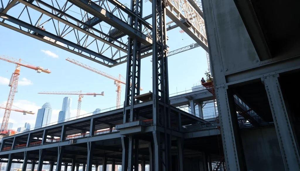 Illustration of steel structure design showcasing modern construction techniques and vibrant city skyline.