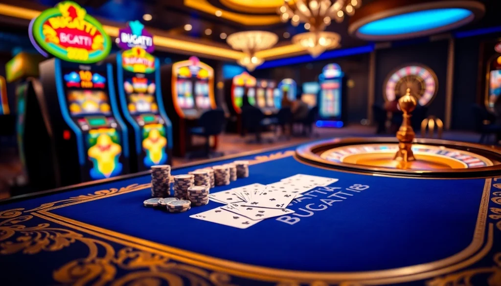 Experience luxury gambling at Bugatti8 with a vibrant poker table setup and elegant casino elements.