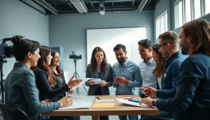 Engaging team collaborating on a Corporate Video Production project in a modern studio.