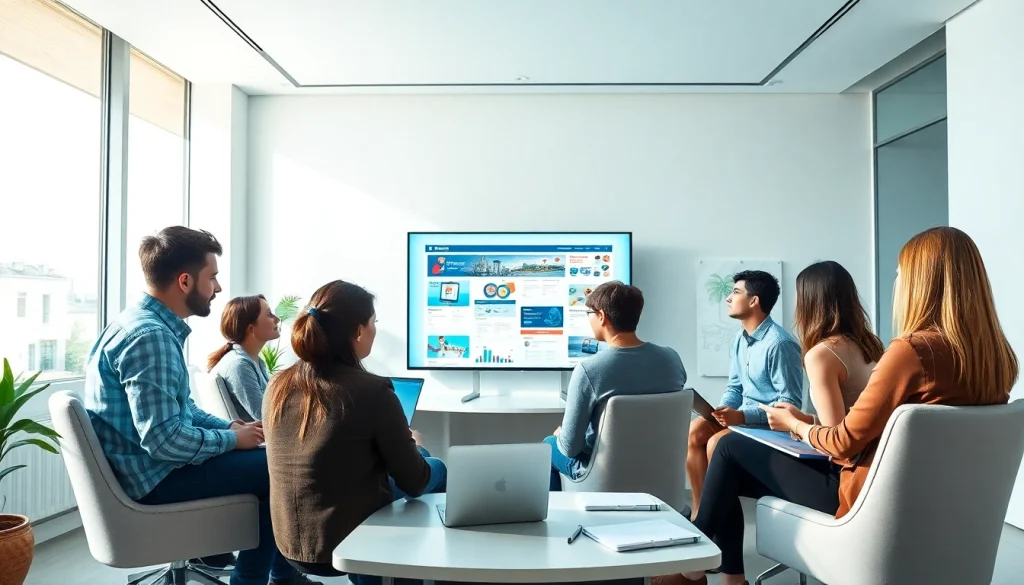 Professional team collaborating on thiết kế web in a modern office.