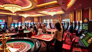 Thabet casino scene featuring vibrant tables, happy players, and luxury gaming atmosphere.