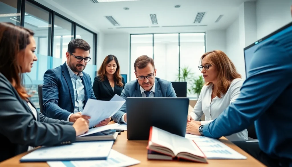 Professional SMSF auditor collaborating with a financial team in a modern office environment.