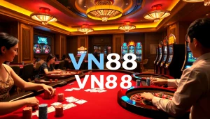 Experience thrilling gaming at VN88 with engaging card tables and vibrant slot machines.