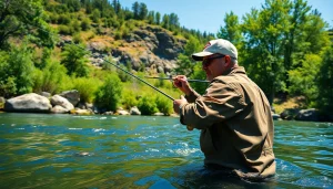 Engaging in fly fishing lessons near me with a serene river backdrop.