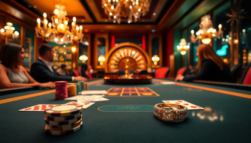 Exciting poker game scene at a casino table featuring 人造戒指 on display with vibrant atmosphere and colorful chips.