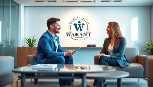 Showcase a warranty company with clear exclusions in a modern office setting with a consultant assisting a client.