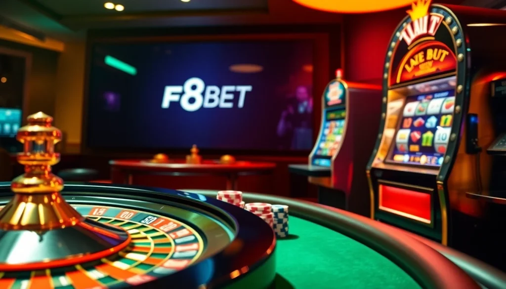 Experience the excitement of F8BET with vibrant poker tables, roulette wheels, and online gambling visuals.