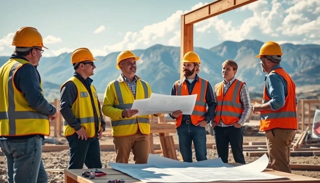 Team at construction association Colorado collaborating on project plans at a vibrant site.