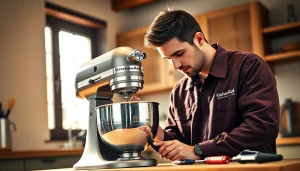 Kitchenaid appliance repair ottawa technician inspecting a stand mixer with tools and warm lighting.