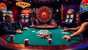 Experience thrilling gameplay with MM88 at an upscale poker table adorned with vibrant casino elements.