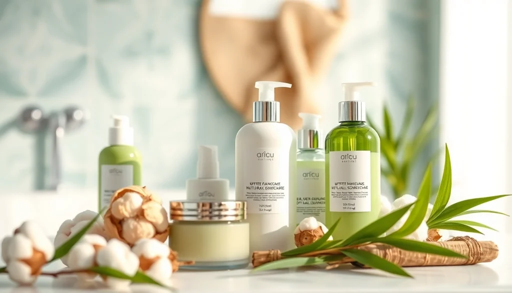 Naudojant natūrali kosmetika, gražiai eksponuojami produktai jaukioje vonios aplinkoje.