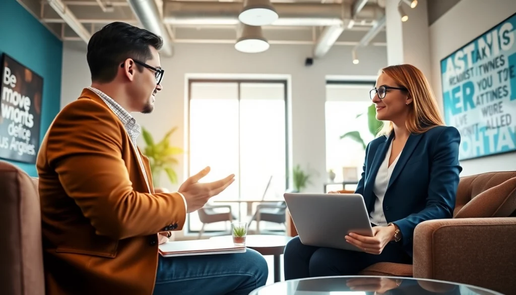 Business coach Los Angeles guiding a client in a vibrant office environment.