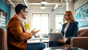 Business coach Los Angeles guiding a client in a vibrant office environment.