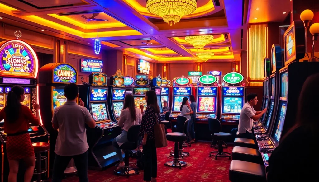 Pemain menikmati sensasi permainan slot deposit pulsa di kasino yang ramai.