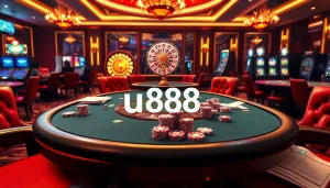 Experience high-stakes excitement at u888 with luxurious casino visuals featuring poker tables and roulette wheels.
