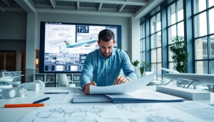 Engineer reviewing designs for das 142 in a modern office environment with blueprints.